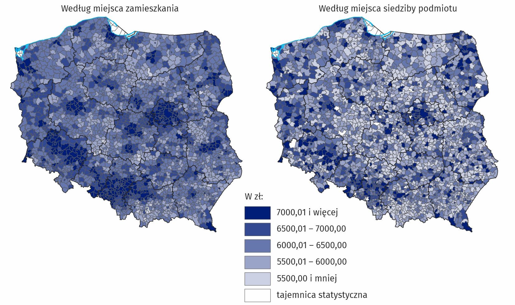 Mapa 1. Mediana wynagrodzeń miesięcznych brutto w gospodarce narodowej w marcu 2025 r